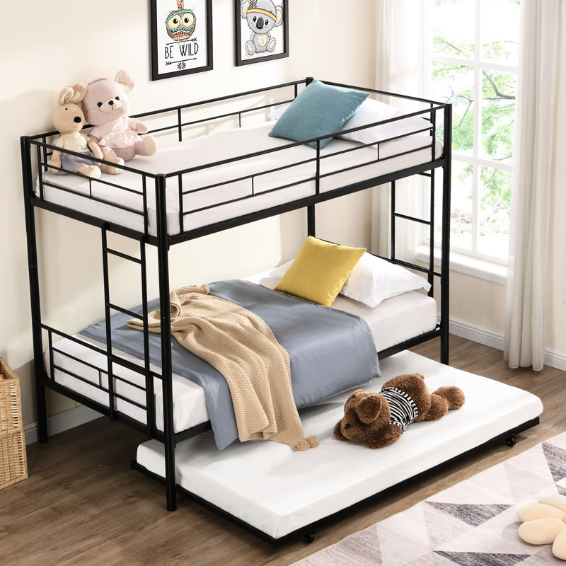 Lit superposé simple au-dessus de métal noir avec lit gigogne - configuration de chambre à coucher moderne et confortable, solution d'économie d'espace, système en acier, performance stable et silencieuse, conception d'escalier sécuritaire, instructions d'assemblage claires, s'adapte