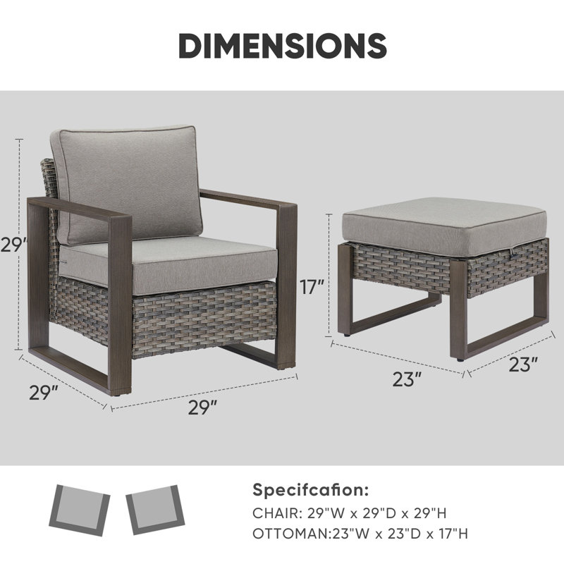 Allcot Powder Coated Steel Outdoor Lounge Chair with Ottoman, Gray/Gray