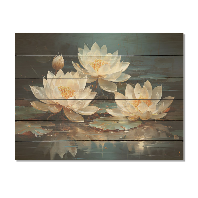 Fleurs de lotus baignées au clair de lune - Art mural en bois de lotus sur bois de pin naturel, H 10 po x l 20 po