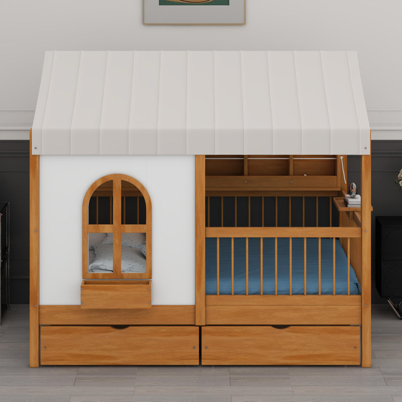 Lit maison avec grands tiroirs, Noyer
