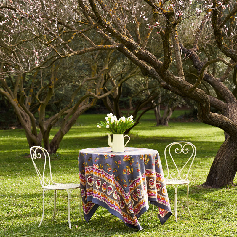 Handmade Floral Tablecloth, 90" Round, Gray