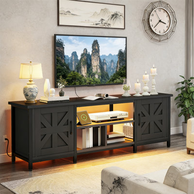 TV Stand With LED Lights And Charging Station, Farmhouse Entertainment Center With Storage Cabinets And Shelves, Cross Shaped Doors, Living Room TV Console