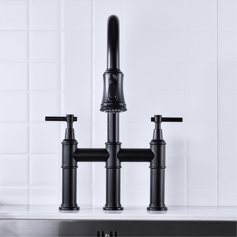 Dual Handle Bridge Kitchen Faucet In Matte Black - Quiet And Splash- Water Flow With Quality Aerator Sink Pull-Down For Intensive Cleaning