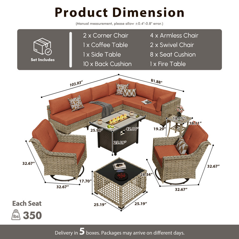 Sorella 11-Piece Modular Outdoor Rattan Seating Set With Cushions, Swivel & Rocking Chairs, Fire Pit Table & Lighted Coffee Table For Patio Or Backyard Gatherings
