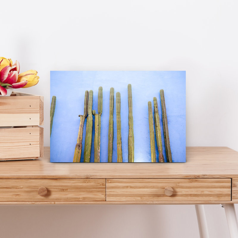 Tall Cacti on Blue | Oaxaca Mexico Travel Colorful Abstract Contemporary Cactus City Landscape Wall Art Print 1 Piece Wrapped Canvas Wall Art
