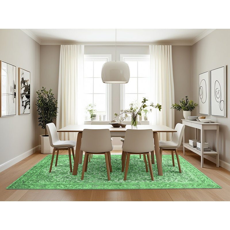 Tapis oriental en laine / polyester tissé à la machine Kauffeld en vert / ivoire / noir, Rectangle 7 pi x 10 pi