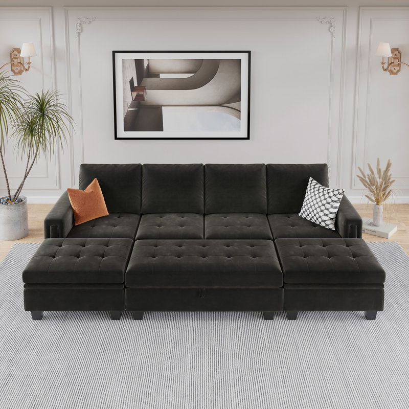 Shavera Velvet Reversible Sectional Sofa Bed Convertible Modular Sleeper Couch With Storage Ottoman, Gray