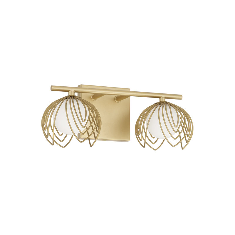 14" W x 6.25" H 2-Light Vanity in Buffed Gold with Bent Wire Petals and Soft White Glass Globes, 2