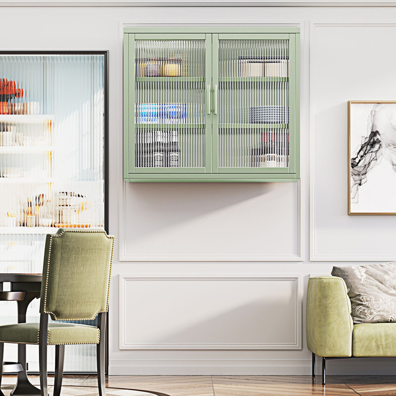 Armoire murale à double porte en verre avec tablettes amovibles, armoire d'entrée, Vert menthe