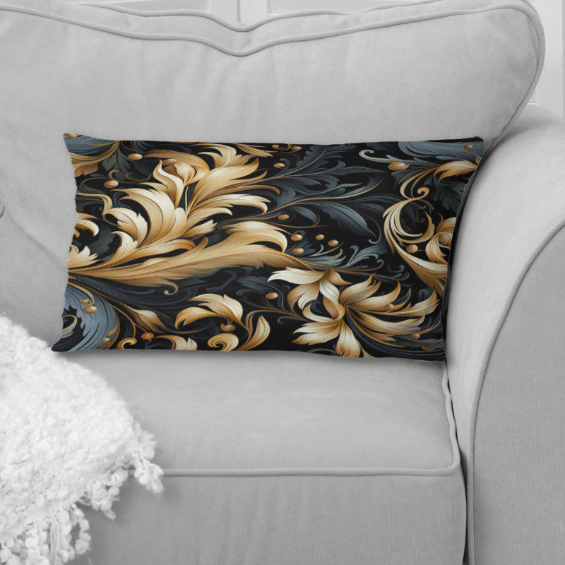 Black And Gold Damask Flower Blossoms I - Damask Printed Throw Pillow