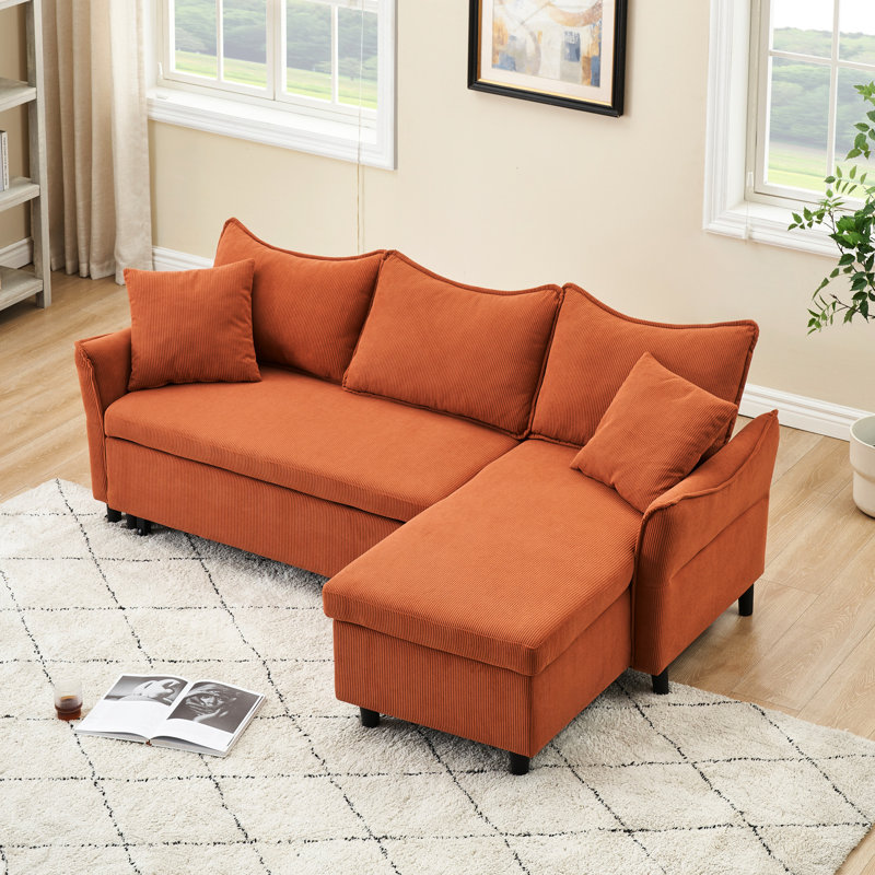 80 pouces orange avec rangement et élasticité optimale - siège confortable avec lit convertible en velours côtelé de grande capacité de 80 po, élasticité modérée et confort pour 3 utilisateurs