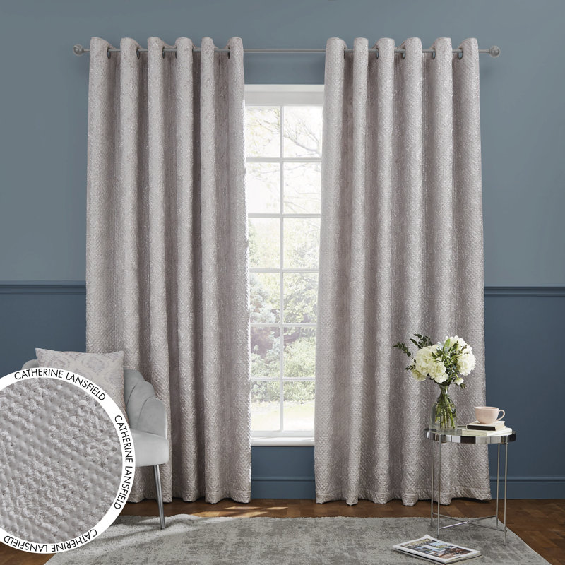 Catherine Lansfield Living Damask Metallic Pinsonic Foil Thermal Eyelet Curtains Two Panels, 168 x 183 cm