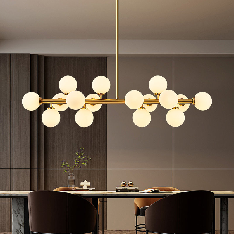 Lustre linéaire moderne en verre bullé à 16 lumières à intensité variable Spoutnik, Doré, Blanc