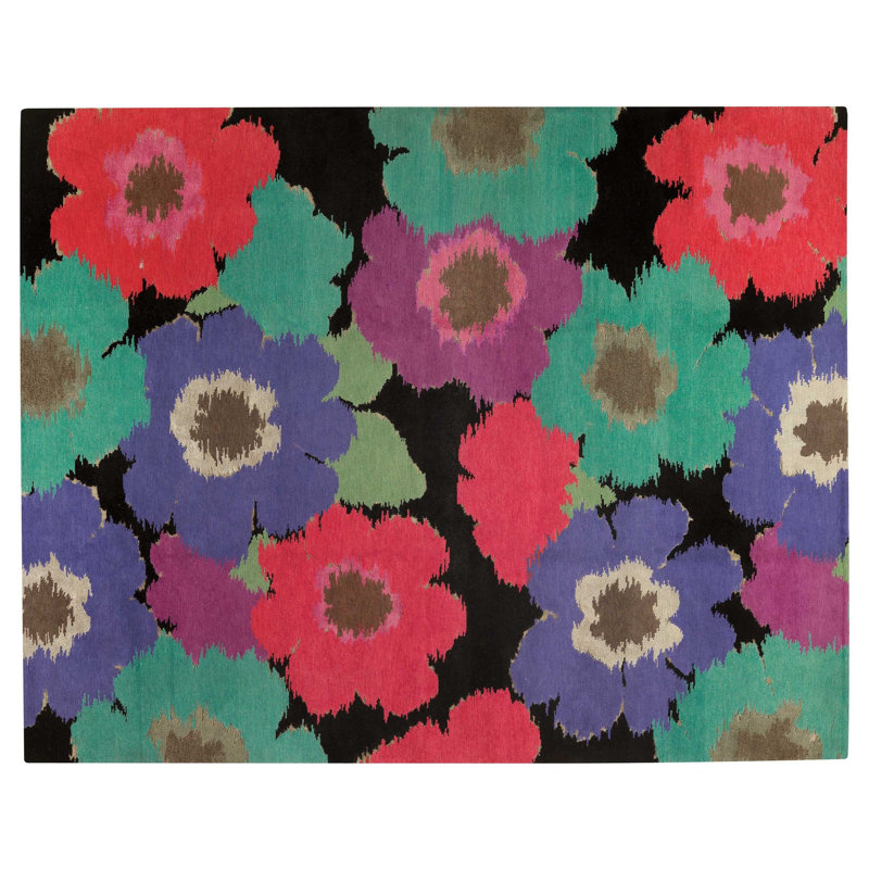 Wool Floral Area Rug in Black/Green/Red/Blue, Rectangle 3' x 5'