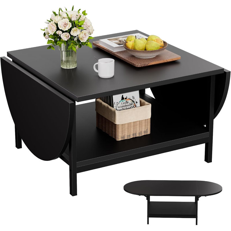 Black Extendable Coffee Table with Storage and Metal Legs
