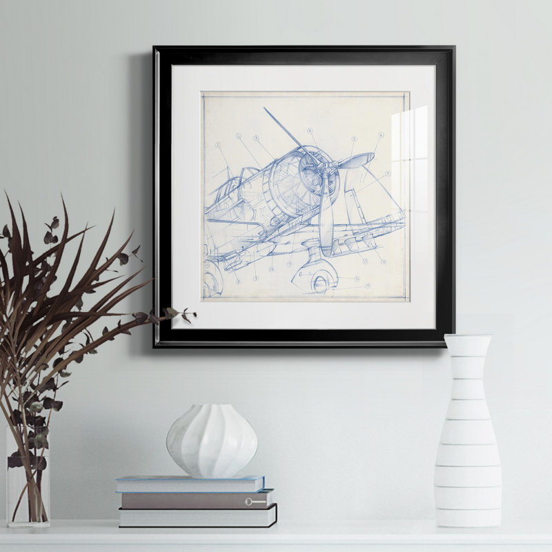 Croquis mécanique d'avion I-Premium, reproduction encadrée - prêt à être accroché, H 26,5 po x l 26,5 po x P 1,5 po, Blanc