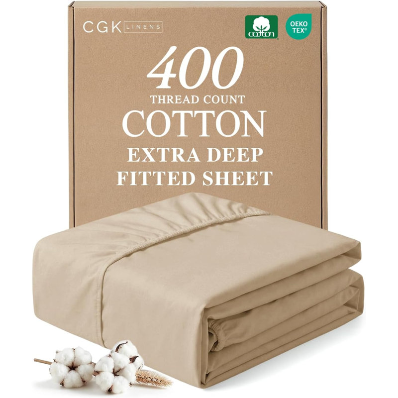 100% Cotton Fitted Sheet Only, 400 Thread Count Hotel Luxury Bedding, Soft & Breathable, Deep Pocket 8–16 Inch Mattress Fit