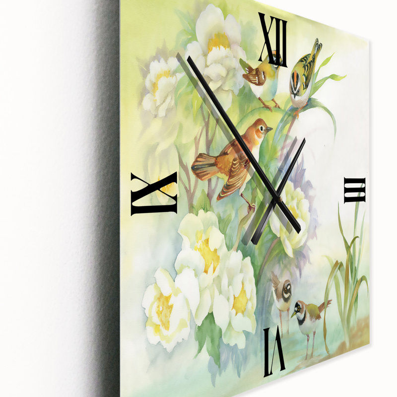 Horloge murale fleurs et oiseaux dans un paysage rustique, Très grand