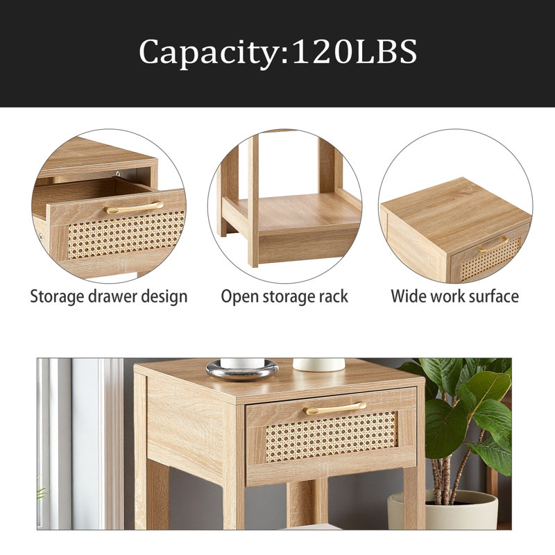 15.75" Rattan End Table With Drawer, Modern Nightstand, Side Table For Living Room, Bedroom, Natural