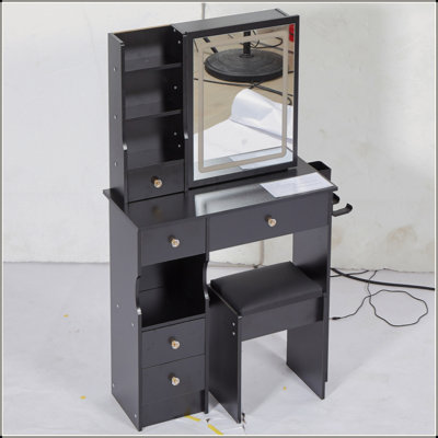 Petit meuble-lavabo de bureau à gauche avec petit tabouret + tabouret rembourré, 2 blocs d'alimentation AC + 2 USB, support pour sèche-cheveux, très grand miroir à DEL coulissant à contrôle tactile, interrupteur tricolore, EPA, GCC, certificat UL