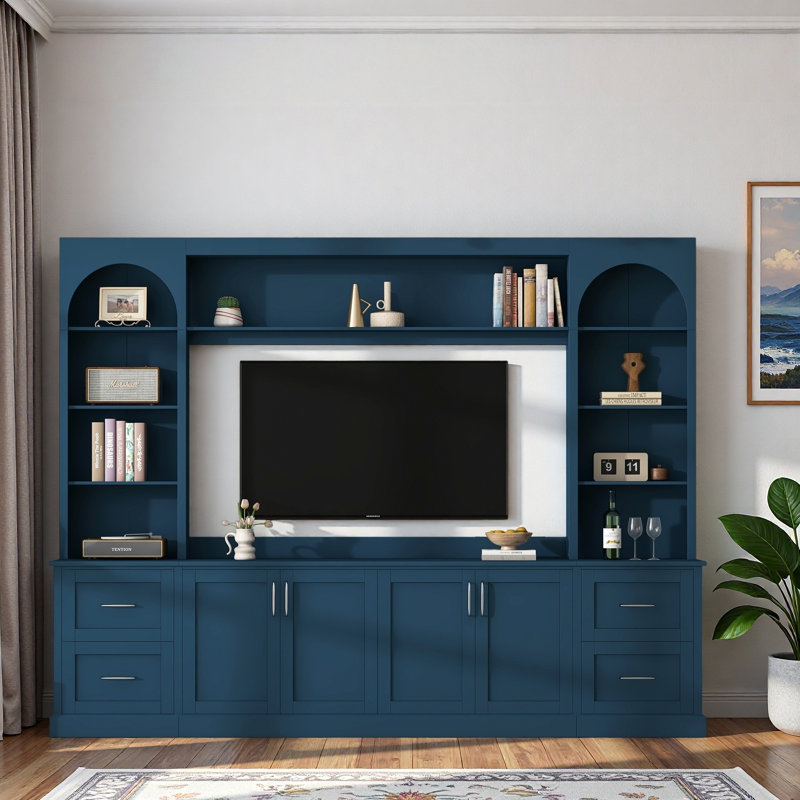 Meuble audio-vidéo arqué moderne avec tiroirs, grandes armoires, tablettes réglables, présentoir et trous pour câbles, Blue