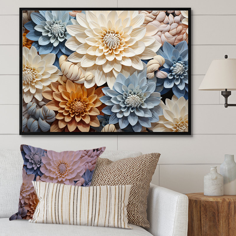 «Simplicity Mums Bloom» en beige et bleu pâle sur toile, Cadre flottant noir, H 24 po x l 32 po x P 1 po