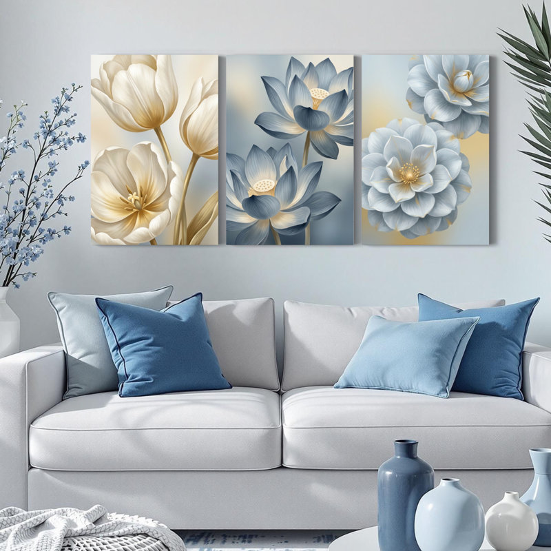 Floral tulipe et lotus sur toile tendue, ensemble de 3 reproductions de peintures à l'huile pour salon, H 36 po x l 72 po