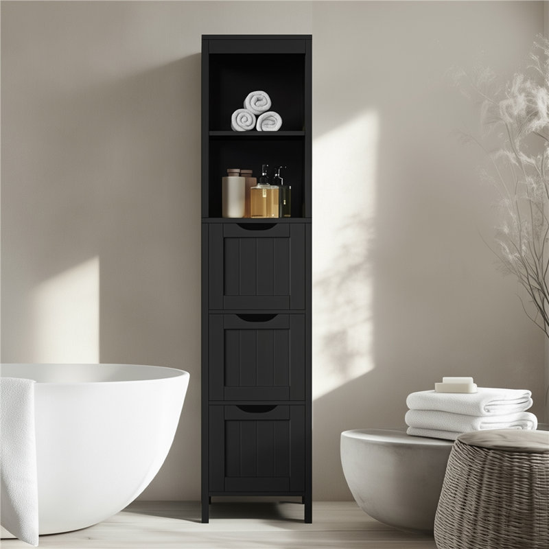 Rangement moderne pour salle de bain autoportant avec 3 tiroirs et 2 tablettes ouvertes, Noir