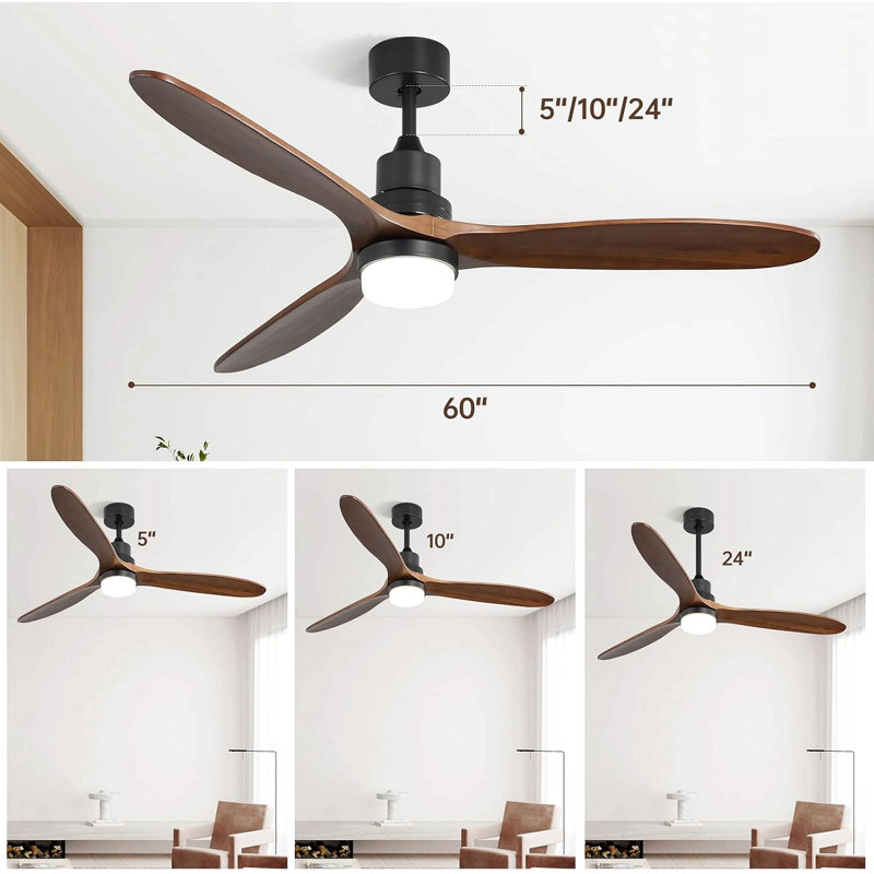 Ventilateur de plafond 60 pouces avec lumières, 3 pales en bois massif, télécommande de moteur réversible silencieuse