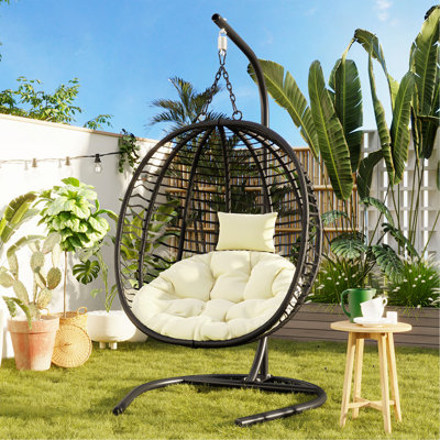 Single Person Folding Egg Chair With Stand, Hanging Egg Chair Indoor Outdoor, Wicker Hammock Swing Chair With Adjustable Anti-Slip Feet,Suitable For Balcony, Bedroom,Garden