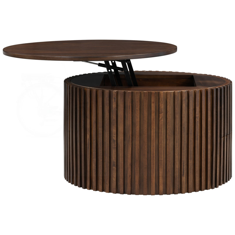 Table basse ronde avec plateau en bois cannelé et rangement caché, Brun