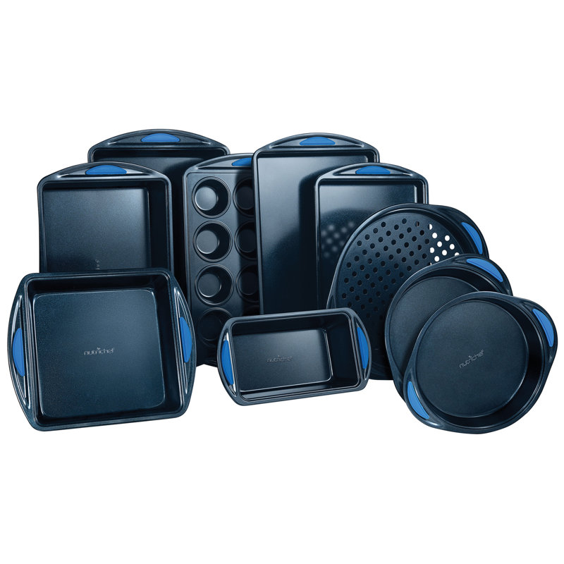 NutriChef 10-Piece Blue Carbon Steel Nonstick Bakeware Set with Silicone Handles