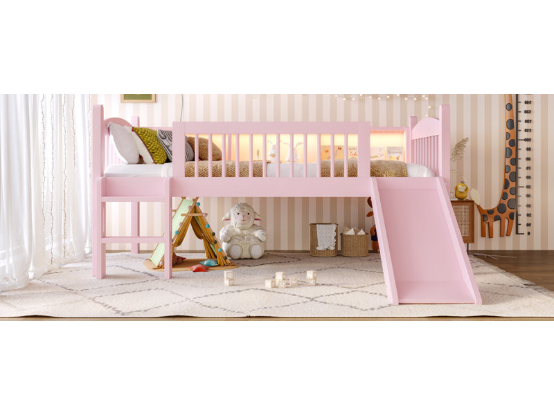 Lit mezzanine avec tablettes de rangement, bois massif et lumières DEL, Lit simple, Pink
