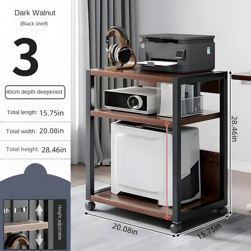 Adjustable Storage Shelf Organizer With Wheels, Multi-Tier Printer Stand, Microwave Rack, Sturdy Metal Frame For Home Office Kitchen
