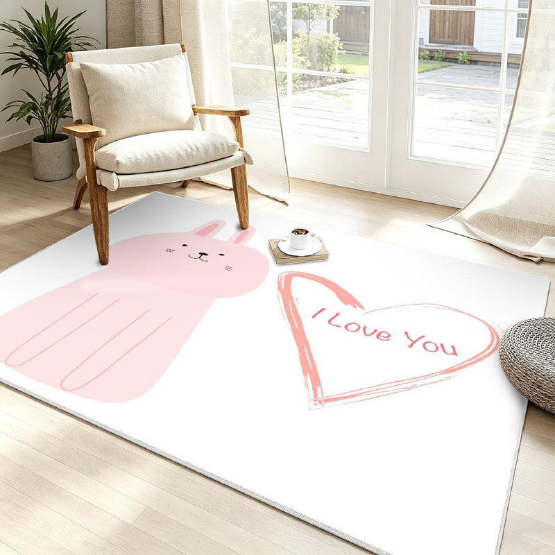 Tapis rose lavable à la machine avec un lapin mignon «I Love You» pour animal, Rectangle 39 po x 63 po