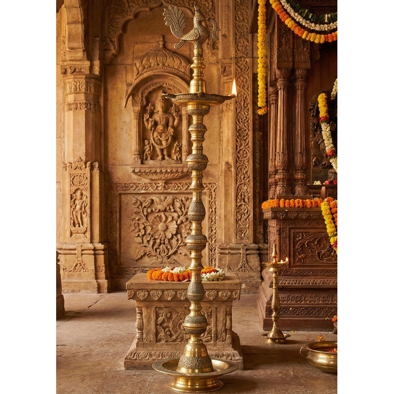 64" Large Brass Peacock Oil Lamp | Grand Statement Multi-Wick Annam Vilakku for Temple, High-Ceiling Spaces & Luxury Indian Home Decor | Handmade