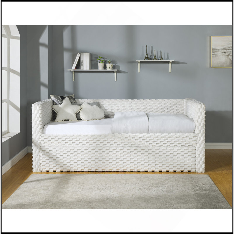 Beautiful 1Pc Modern Daybed Armrest Pull Out Trundle Bedroom Living Room Furniture Soft Dove Textured Fabric Finish Furniture