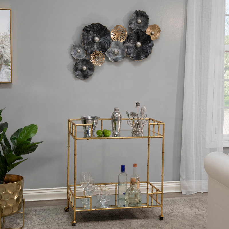 Craner Metal and Glass Two-Tier Bar Cart with Decorative Frame and Rolling Casters for Stylish Serving and Storage