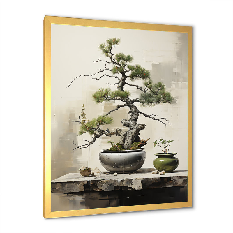 Art zen miniature Bonzai II, Cadre doré simple, H 44 po x l 34 po x P 1,5 po
