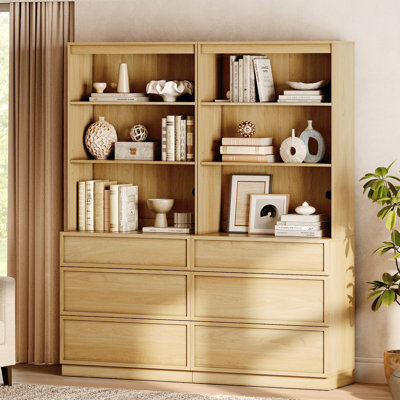 Bibliothèque moderne de 72 po de hauteur avec 6 tiroirs et tablettes ouvertes, bibliothèque avec armoire de rangement, étagère à livres autoportante en bois pour le bureau personnel, le salon