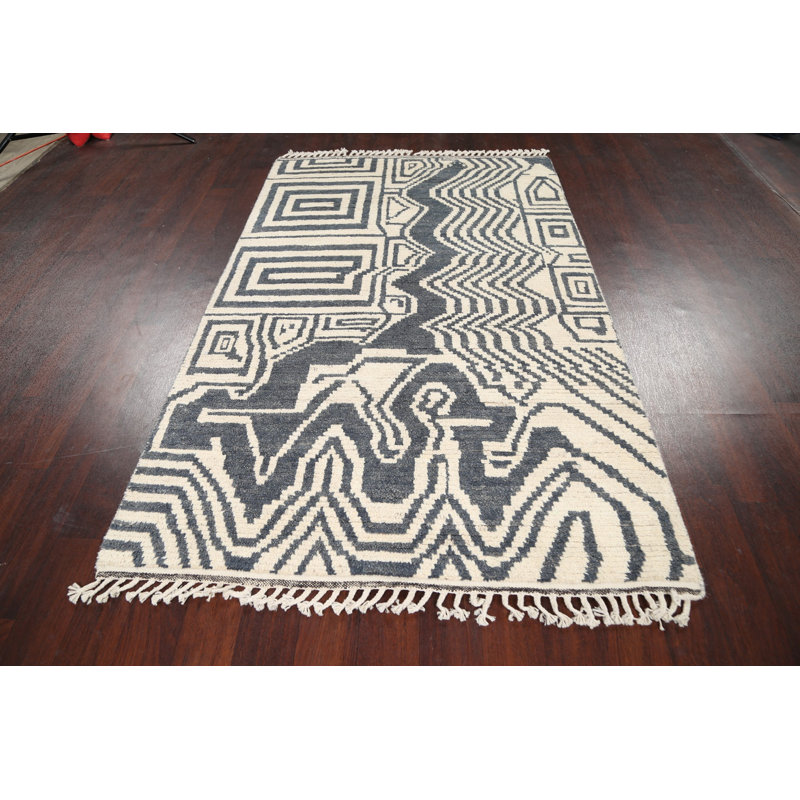 Tapis ivoire en laine noué à la main de conception unique 4 pi 4 po x 7 pi New Age