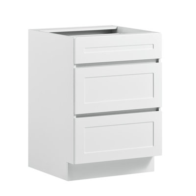 Armoire blanche à base Shaker prête à assembler, armoire non assemblée de l 24 po, l 24 po x P 24 po x H 34,5 po, avec 3 tiroirs, quincaillerie à fermeture en douceur, bandes à bords fins, pour la maison, le bureau et la salle de lavage