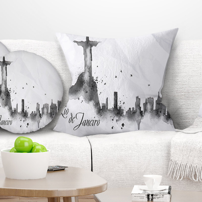 Coussin silhouette paysage urbain Rio De Janeiro, 16 po x 1 po, Gris, Coussin décoratif