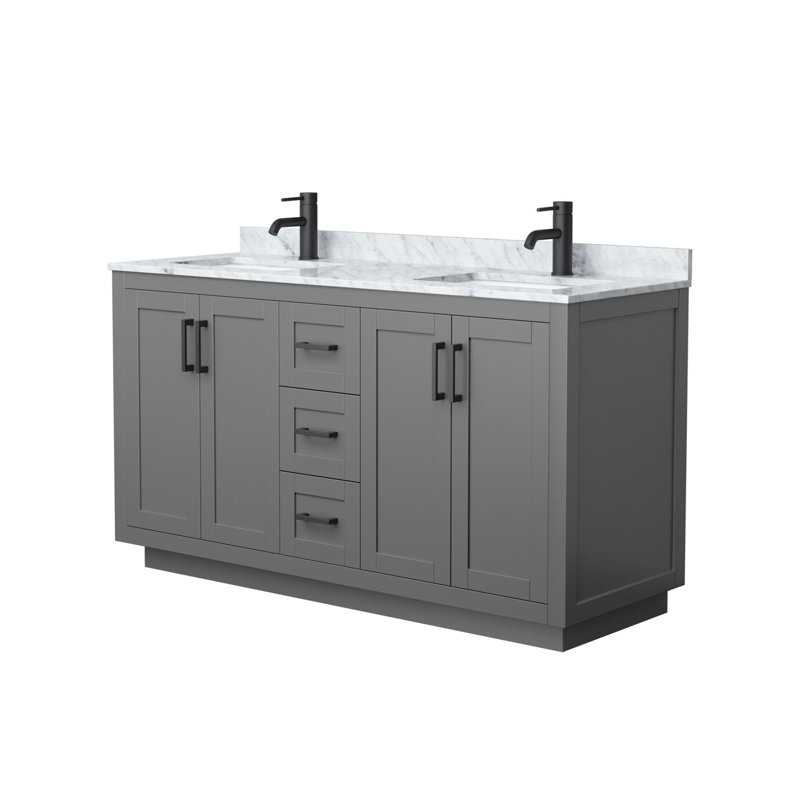 Ensemble de meuble-lavabo double 60 po avec plateau en marbre Miranda, Gris foncé, Noir mat