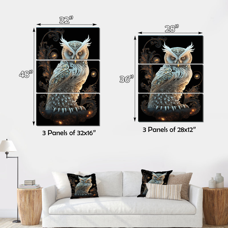 Hibou blanc lumineux 3 pièces, H 36 po x l 28 po x P 1 po