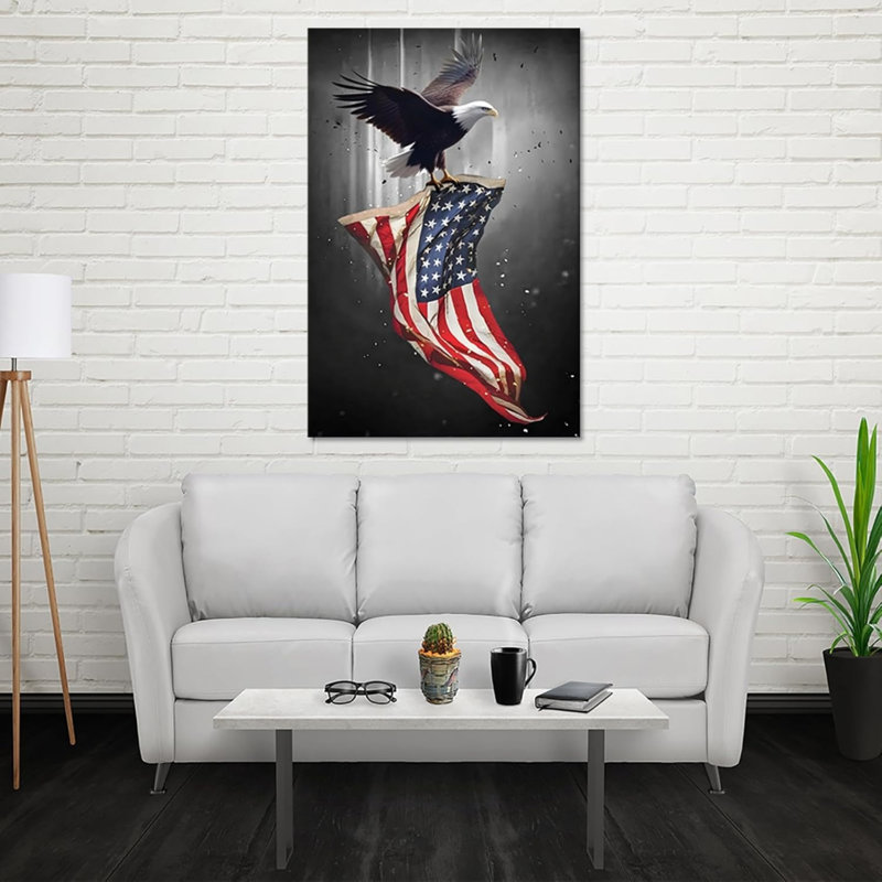 Aigle chauve noir et blanc dramatique drapeau américain 24 po x 36 po, art mural moderne sur toile, jour du souvenir