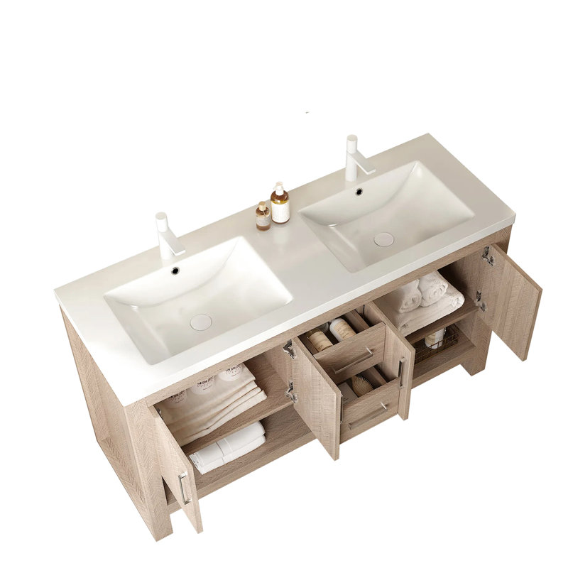 Lavabo de salle de bain 60 po en acrylique blanc d'une seule pièce, style encastré, usé et rayé, robinet standard pré-percé, trou de débordement de 60 po, protection, entretien sans effort