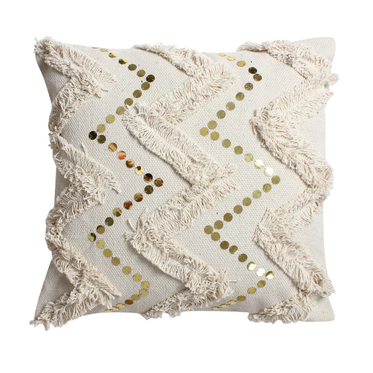 Dakota Fields 18 x 18 Square Polycotton Handwoven Accent Throw Pillow,  Fringed, Sequins, Chevron Design, Off White