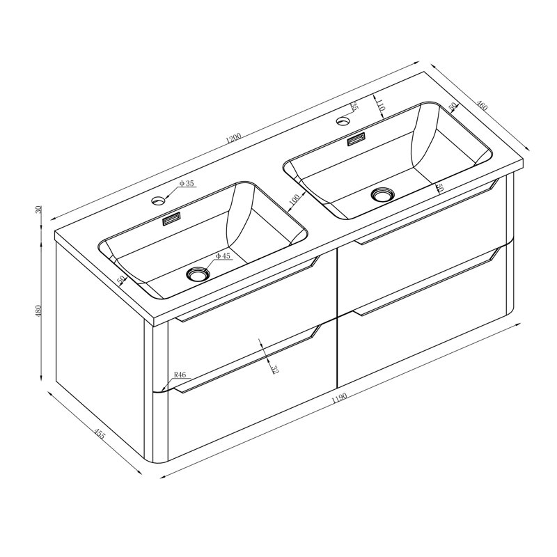 Eve 1200mm Double Bathroom Vanity with Vessel Polyglomerate Basin, Charcoal