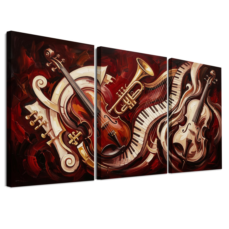 Ensemble de 3 toiles murales représentant des instruments de musique aux volutes rouges, 30"H x 20"W x 3pcs